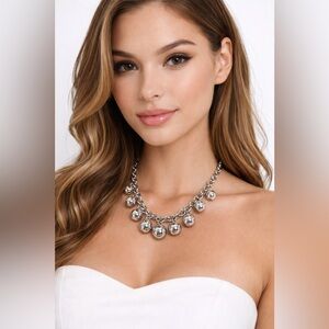 Talbots Silver Tone With Rhinestones Chunky Chain Statement Necklace